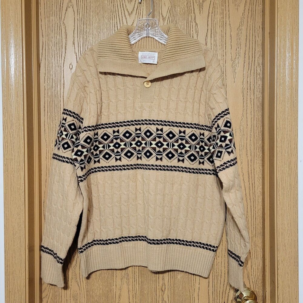 VTG Lord Jeff Men's XL Cable Knit Tan / Black Pattern Thick Sweater USA Made